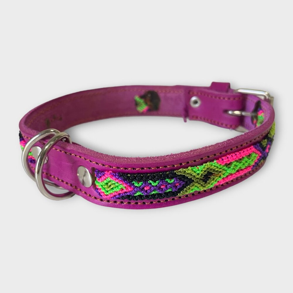 Hand Crafted Pink Leather Dog Collar with Neon Green & Purple Embroidery